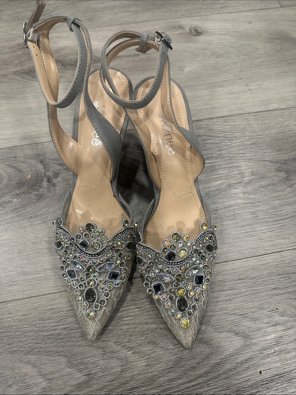 J.Renee Desdemona Gray Pointed-Toe Ankle-Strap Heels/Multi-Stone Embellishment
